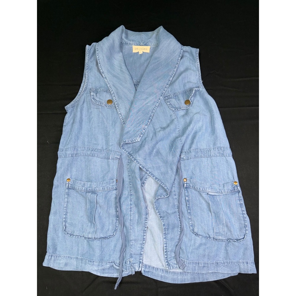 En Creme Denim Chambray Draped Open Front Utility Vest Light Wash Blue Large
